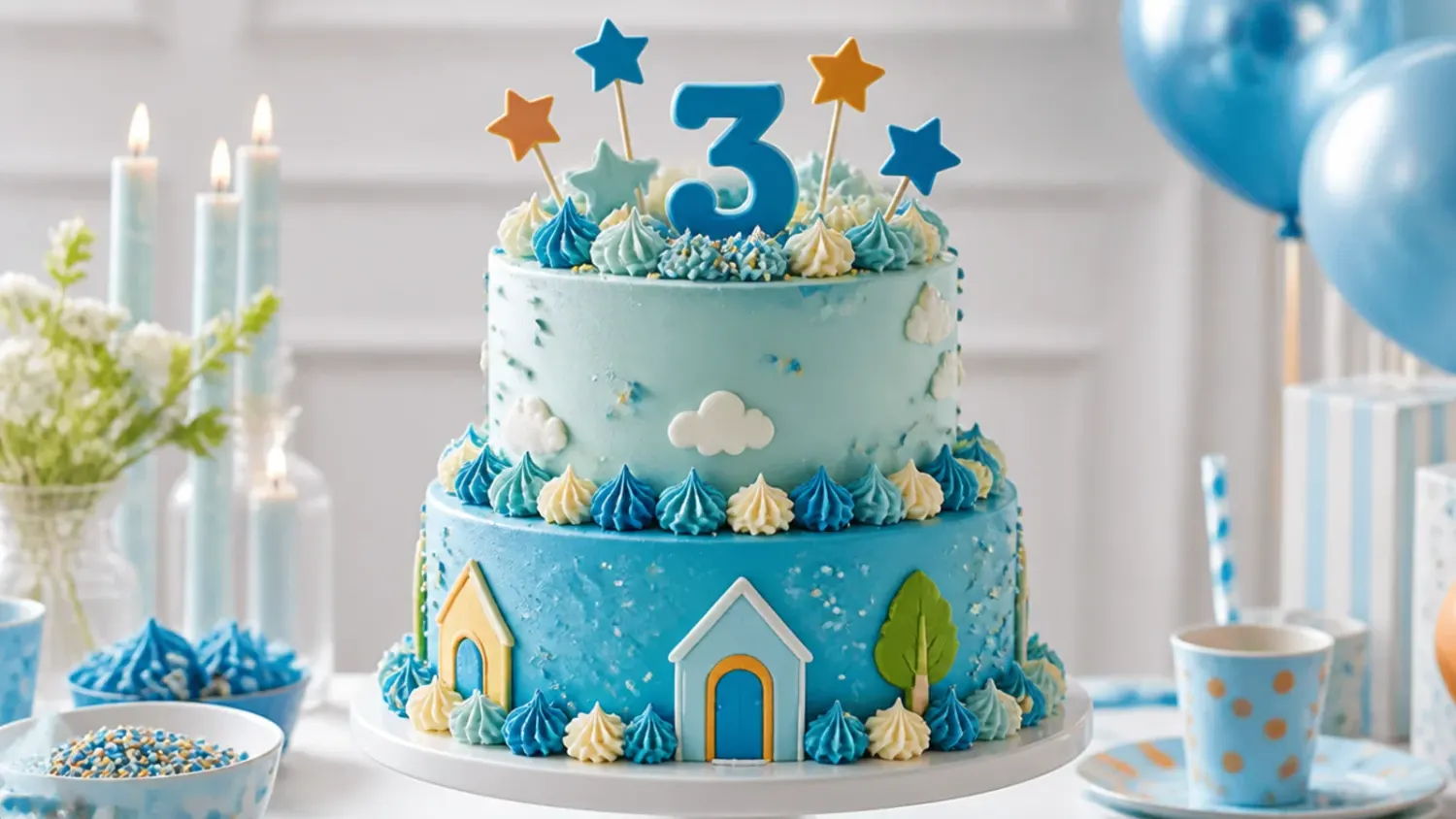 A two tier blue and orange buttercream birthday cake decorated with fondant paw prints and a bone-shaped topper on a cake stand