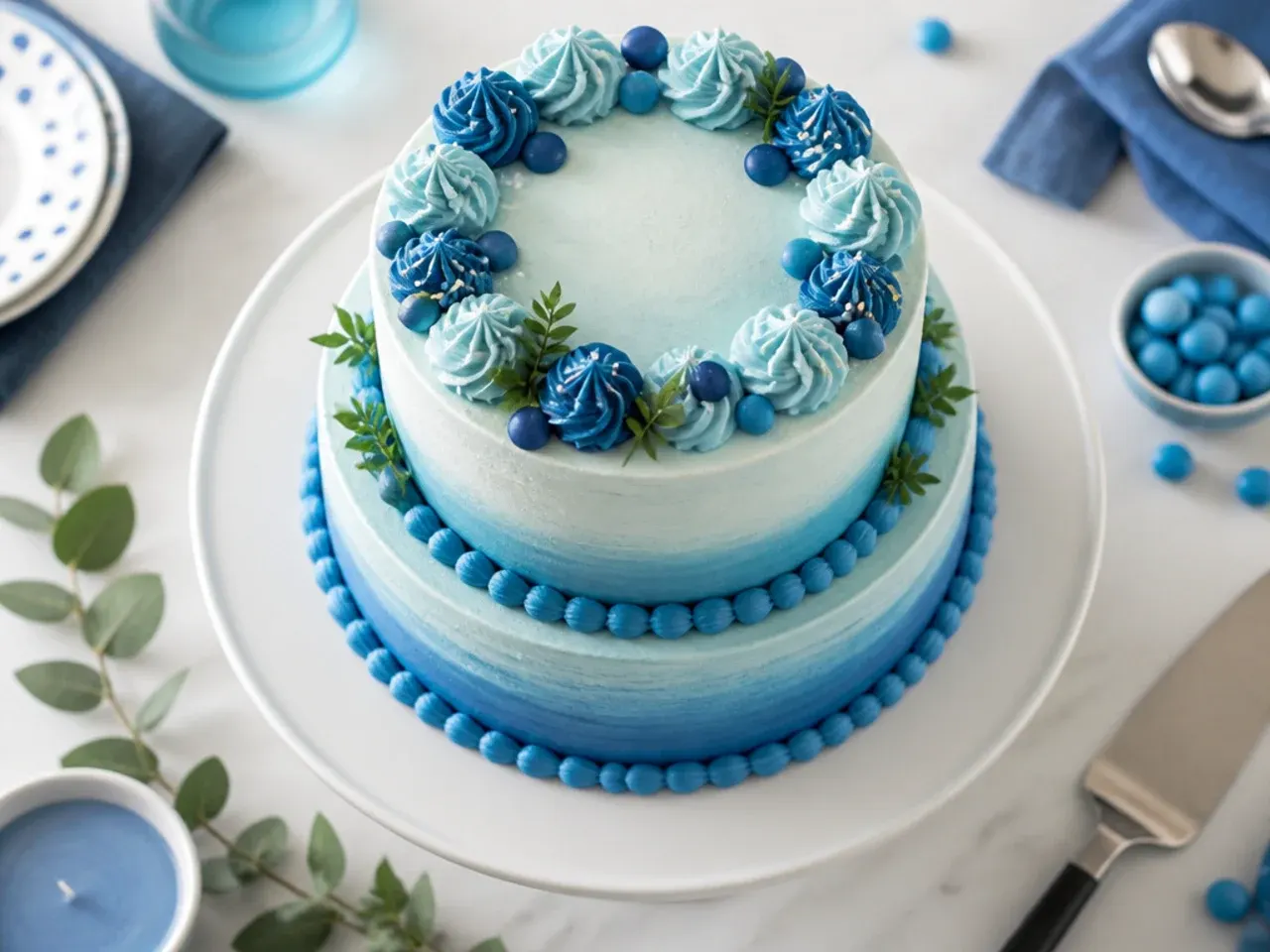 Two tier cake with blue ombre buttercream fading from navy to pale blue with white paw prints around the base