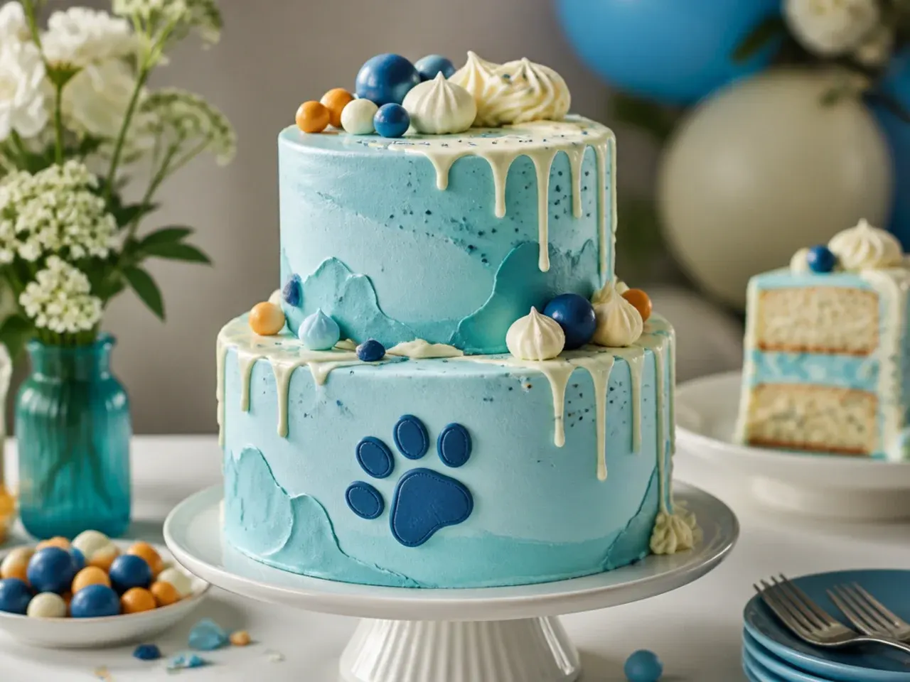 Simple two tone blue and orange buttercream two tier cake with sprinkles around the base
