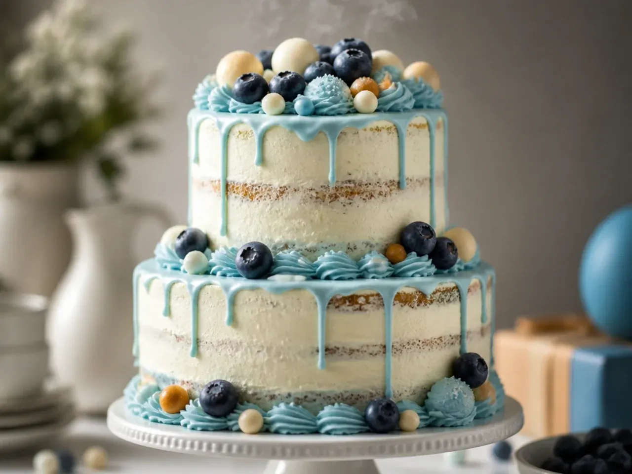 Semi-naked two tier cake with thin dusty blue buttercream and a fondant name plaque