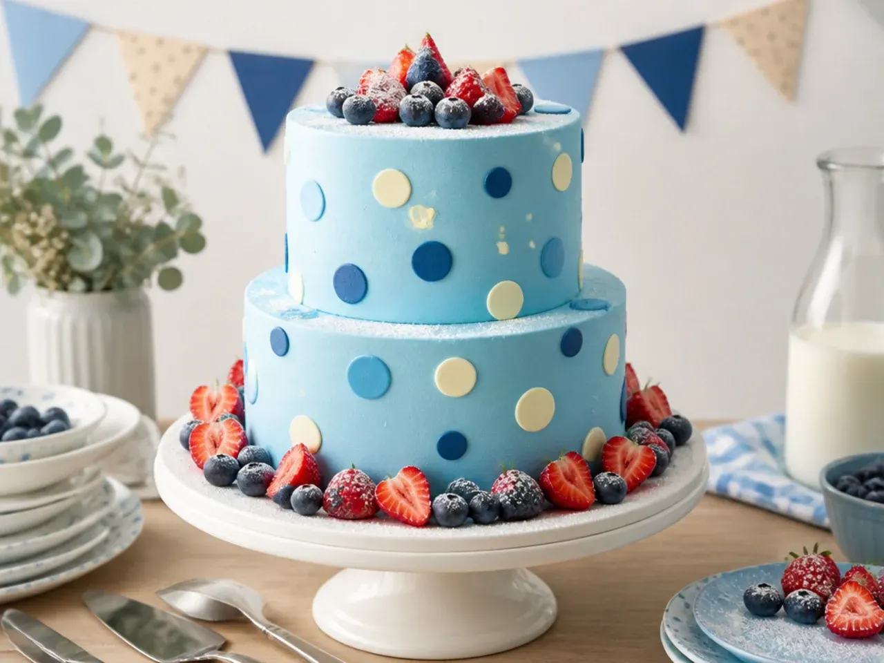 Blue buttercream two tier cake with white and orange polka dot piping pattern