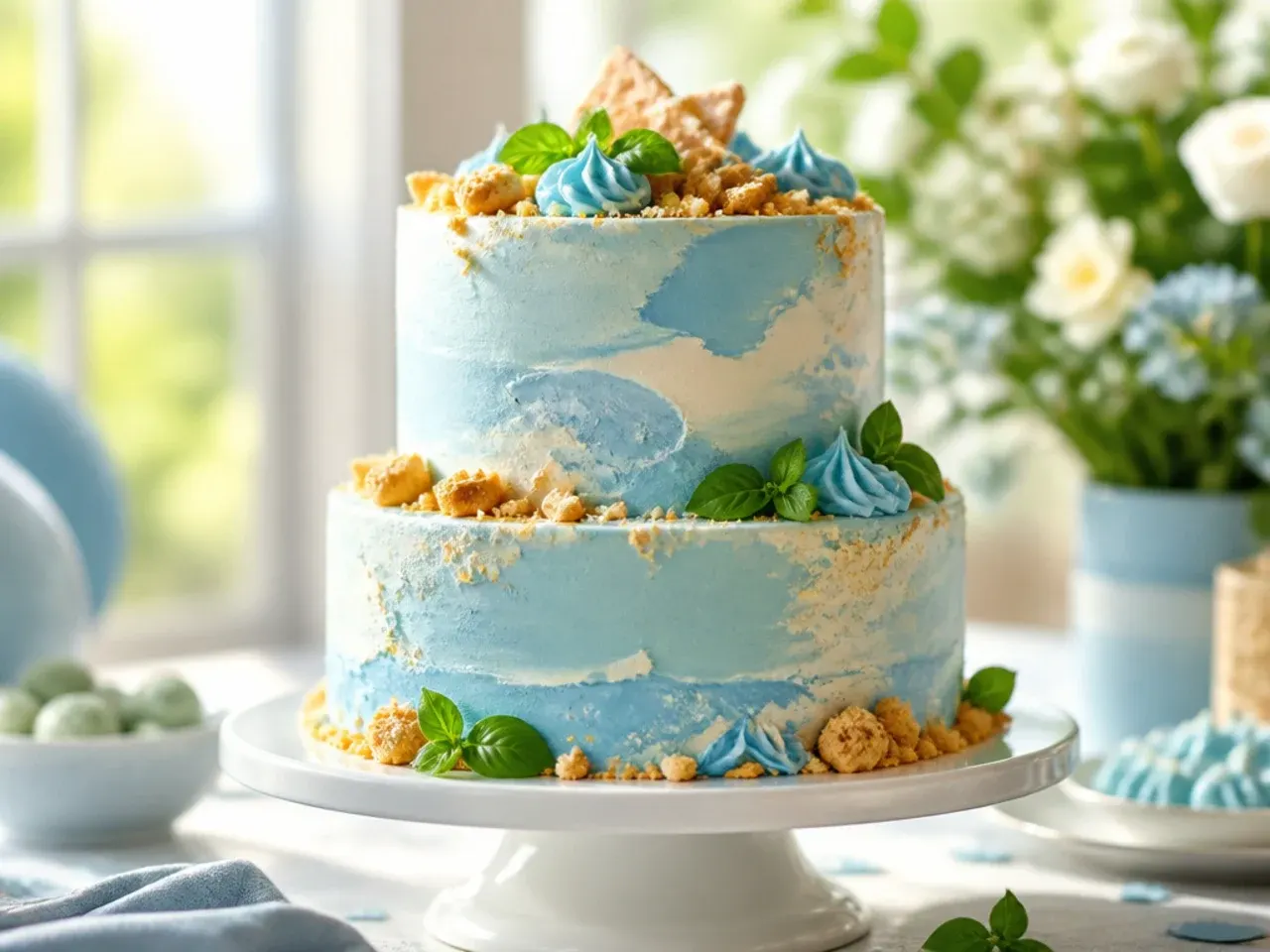 Marbled pastel blue and peach Swiss meringue buttercream on a two tier cake