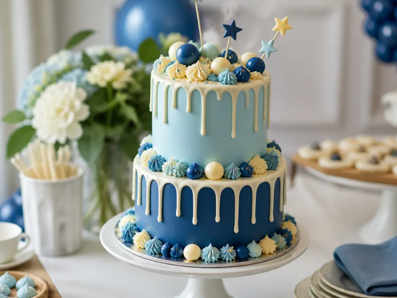Two tier cake with an orange candy drip over blue buttercream and gold-dusted paw prints