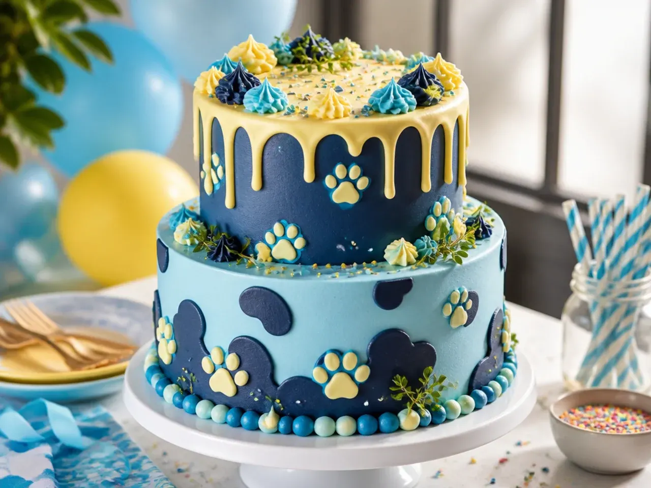 Blue buttercream two tier cake with a large cheerful fondant smile plaque on the front