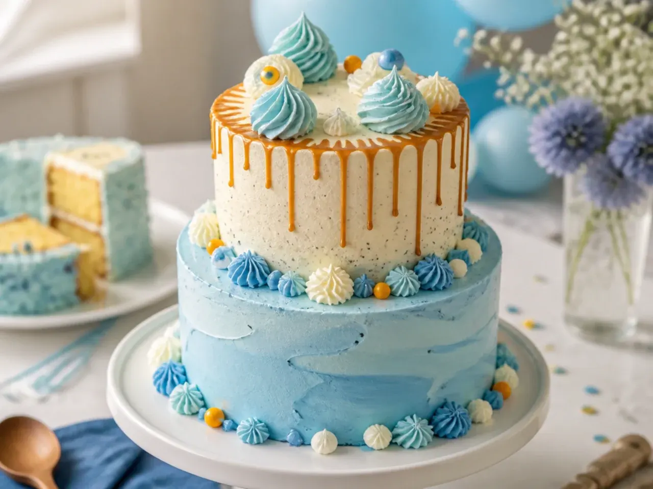 Two tier cake split into vanilla and chocolate sponge with matching blue and orange buttercream outside