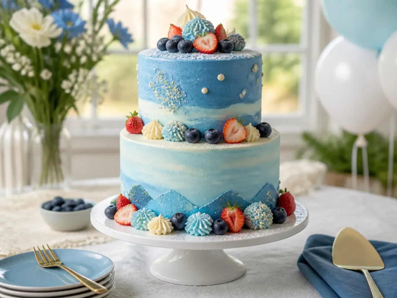 Children decorating a two tier blue buttercream cake with sprinkles and fondant paw prints