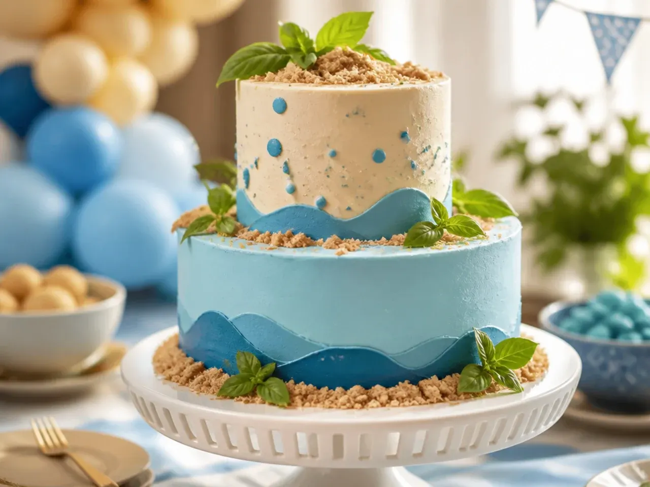 Festively styled two tier blue and orange cake with a gold number topper and bunting flags around the base