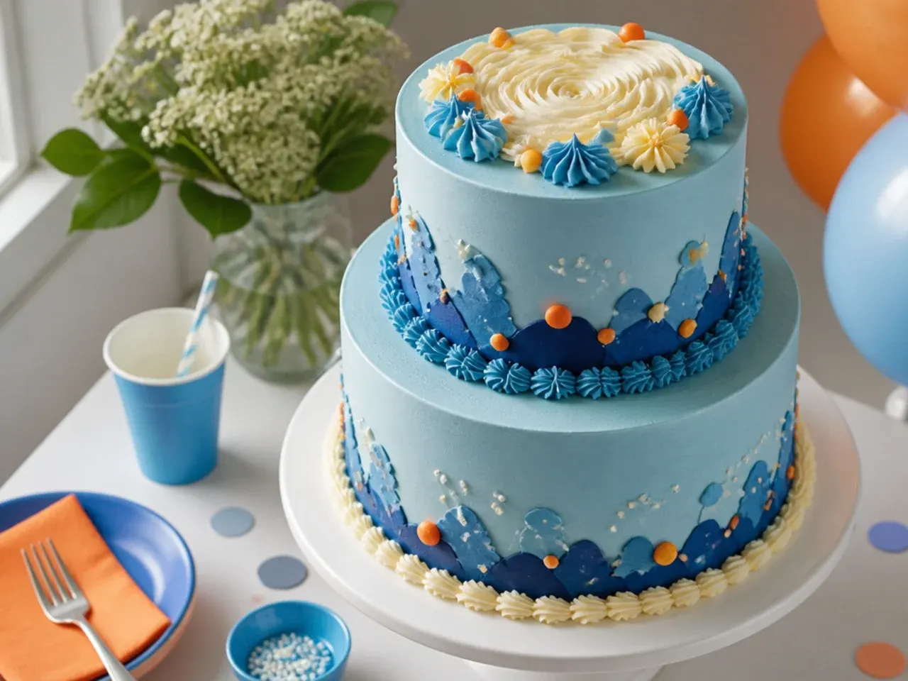 Quick two tier cake made from a boxed mix with simple blue and orange buttercream and a bought topper