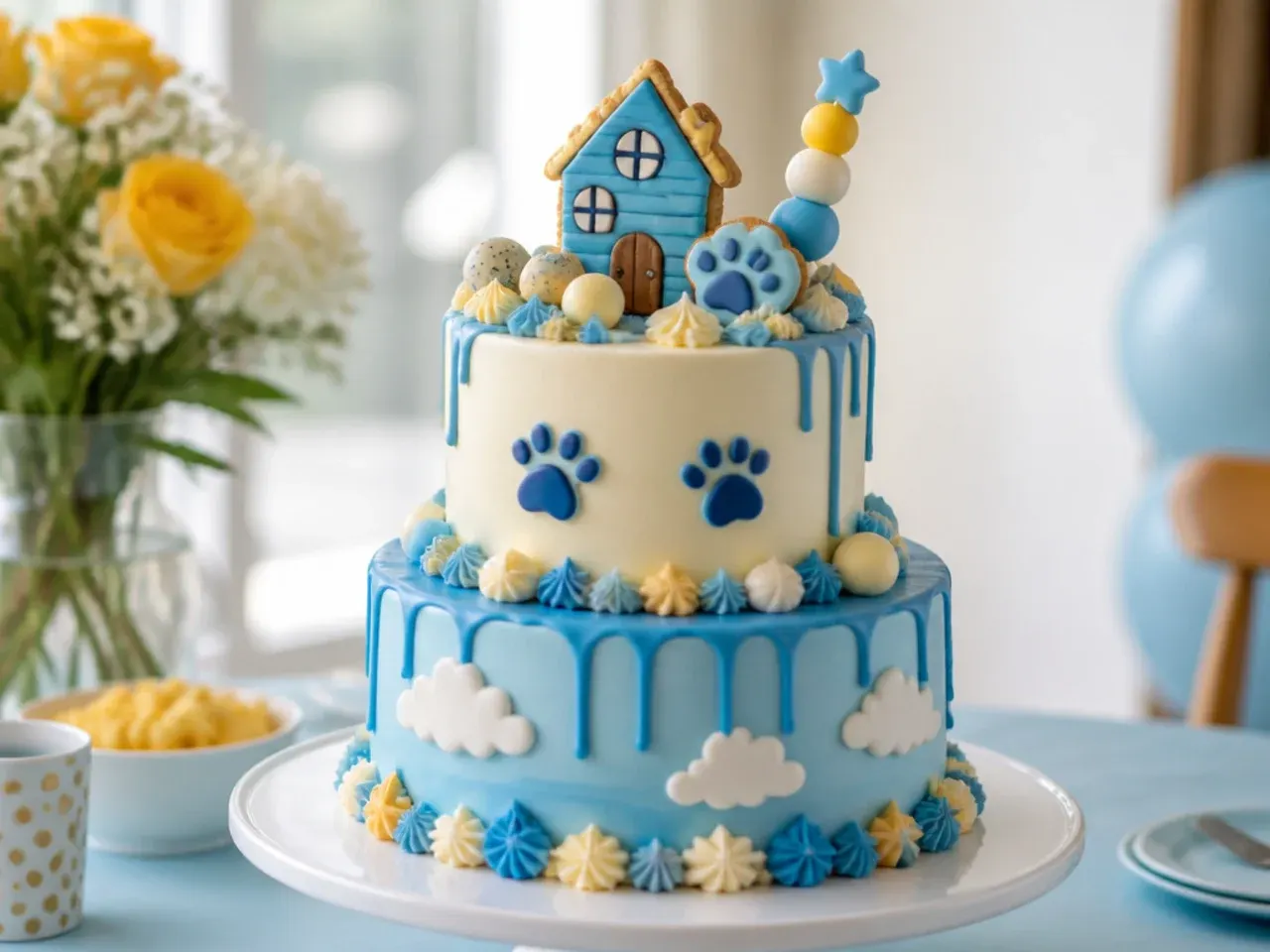 Fully homemade two tier cake with hand piped rosettes in blue and orange and hand cut fondant paw prints