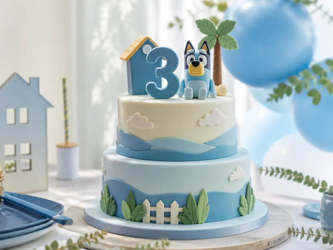Slices of two tier blue and orange buttercream cake served on plates with vanilla ice cream
