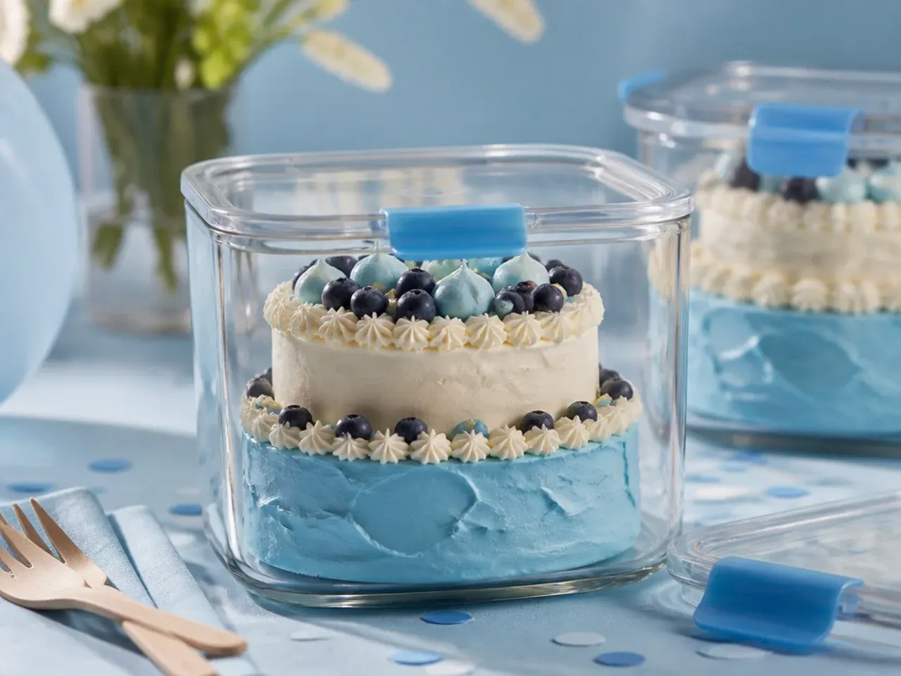 Decorated two tier cake stored under a cake dome on the kitchen counter
