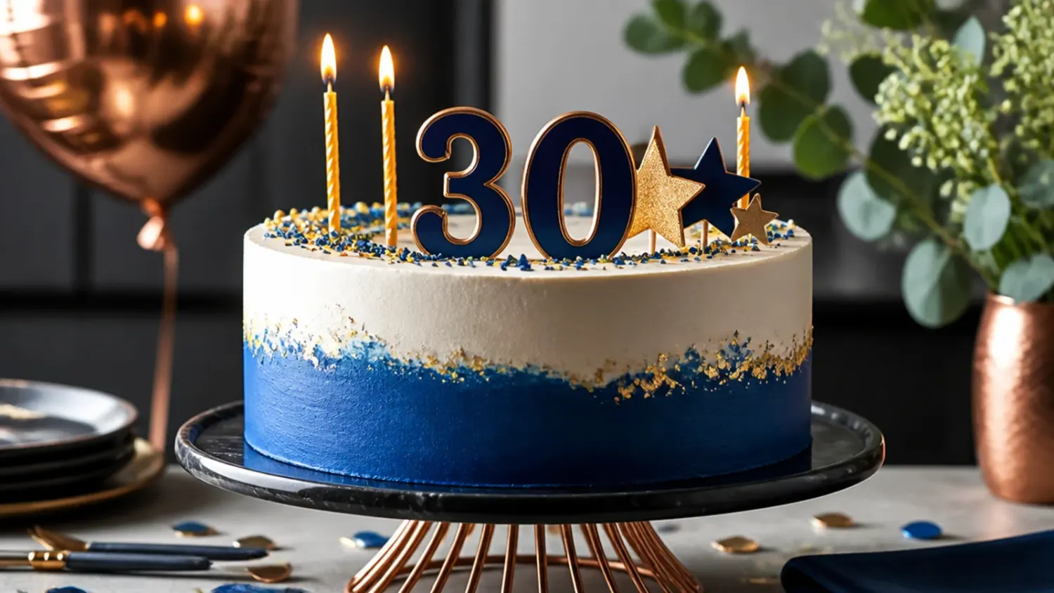 A rich chocolate stout fudge cake with salted caramel drip and whisky ganache on a dark wooden board, decorated for a 30th birthday