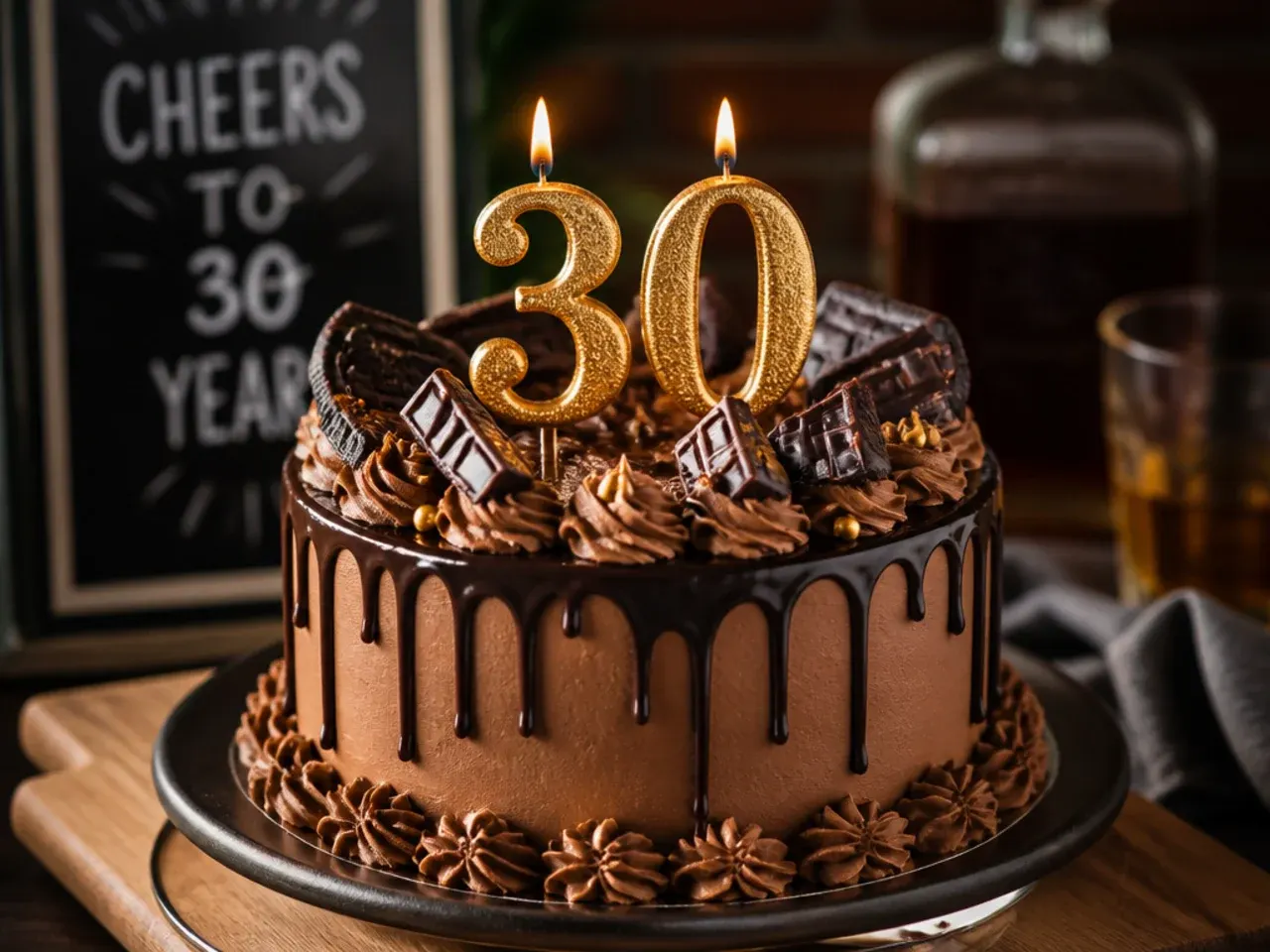Overhead shot of a decorated chocolate birthday cake surrounded by baking ingredients
