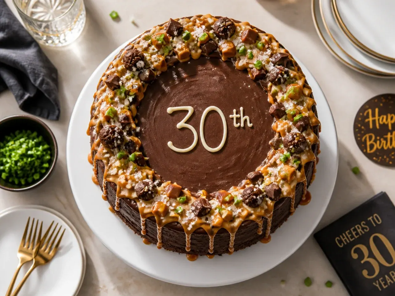 Three-layer chocolate fudge cake with golden salted caramel dripping down the sides