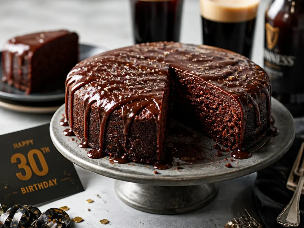 Single round chocolate stout cake dusted with cocoa powder on a cooling rack