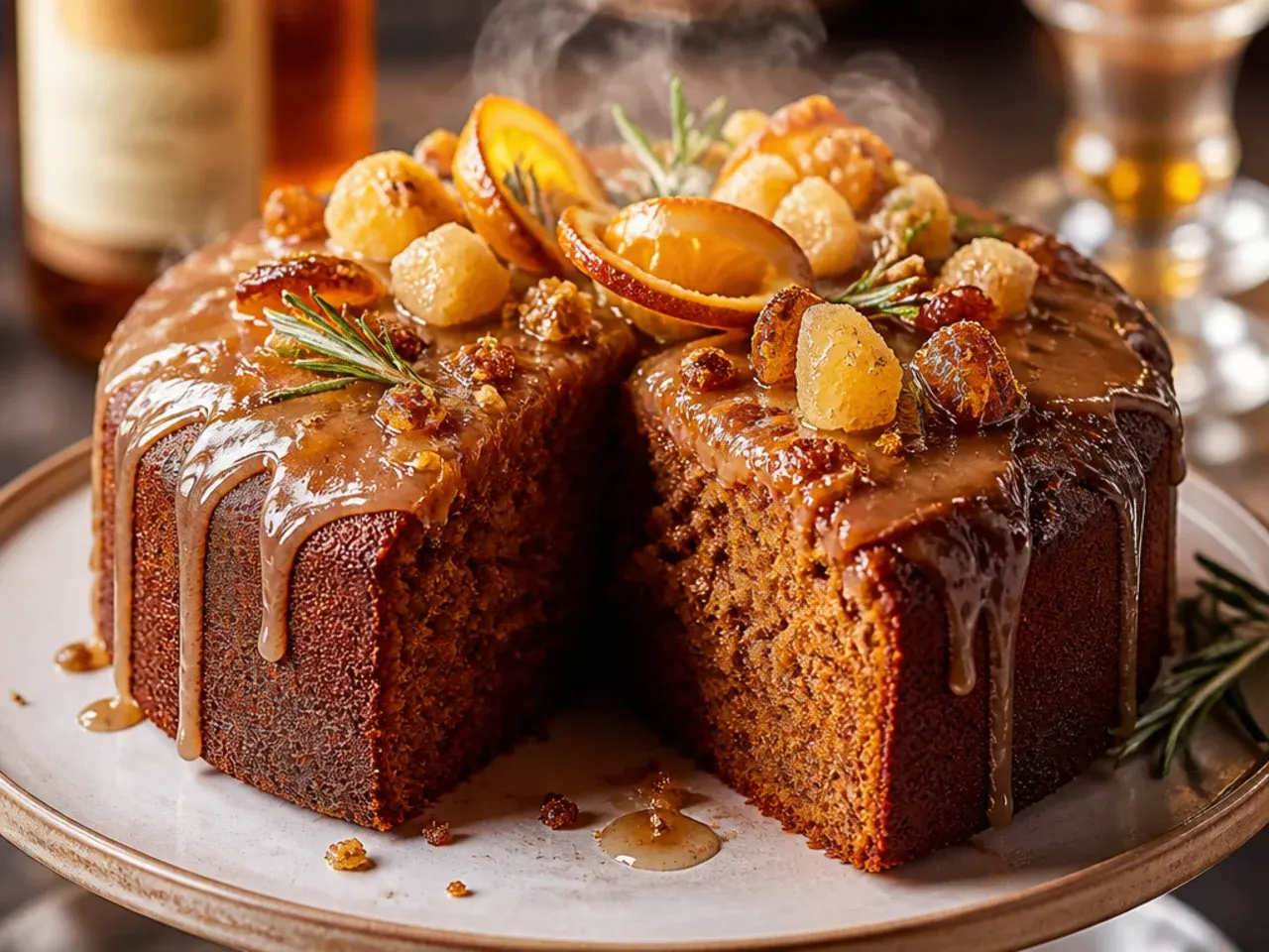 Dark sticky ginger cake with a whisky glaze served with a dollop of cream
