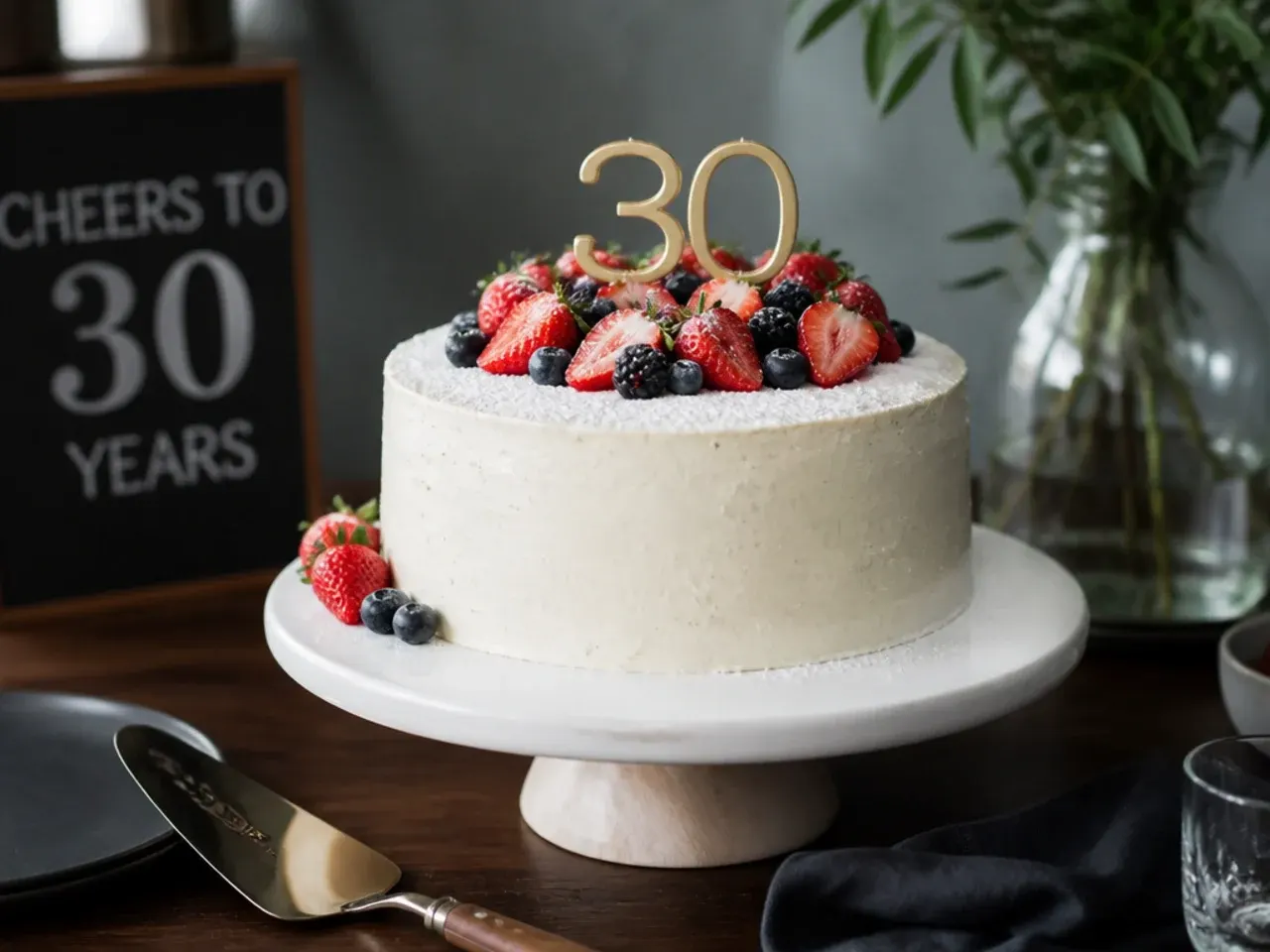 Rustic vanilla layer cake with a rough buttercream finish and toasted pecans on top