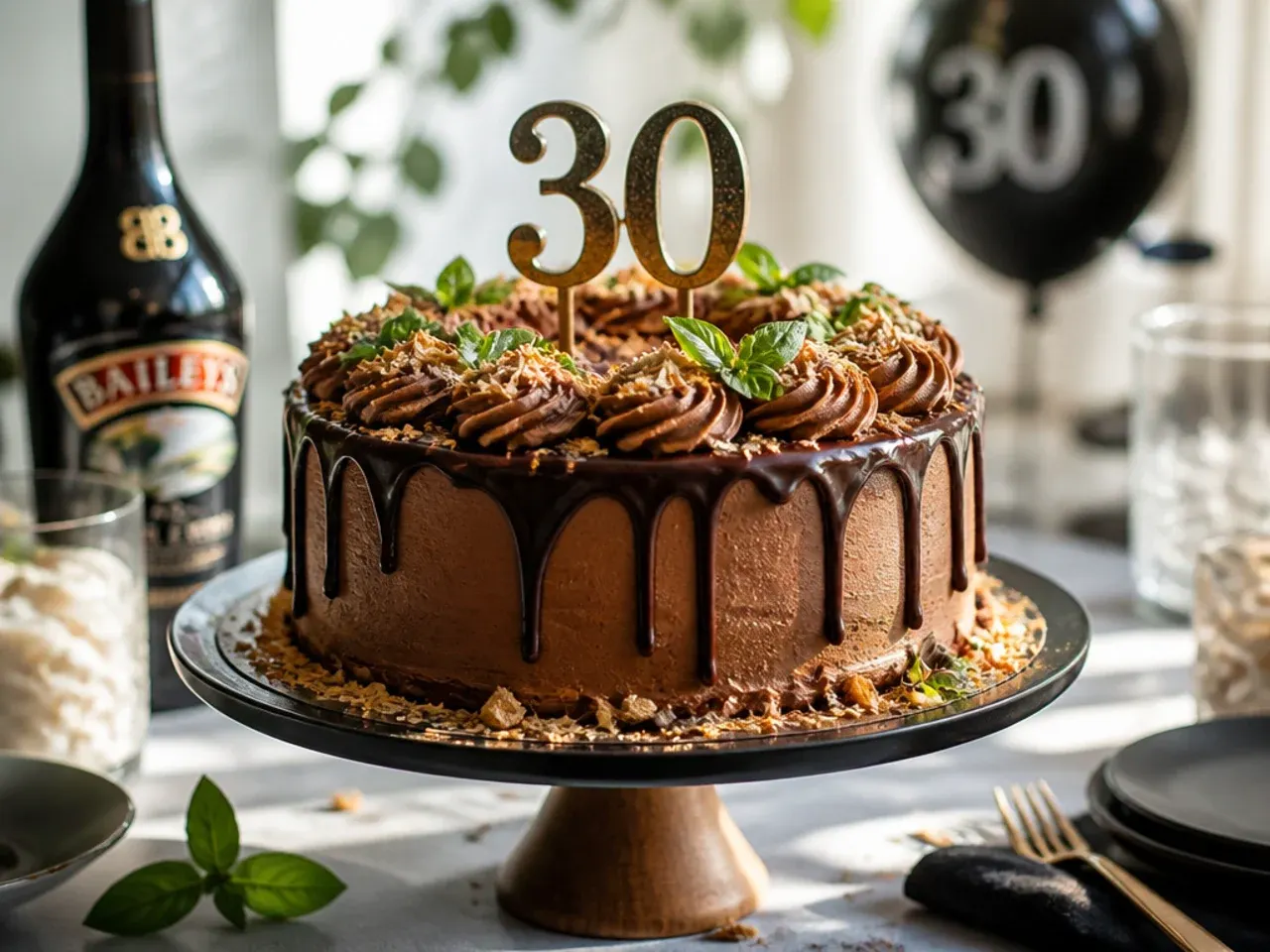 Slice of creamy Baileys chocolate cake with chocolate curls on top, cut to show the layers