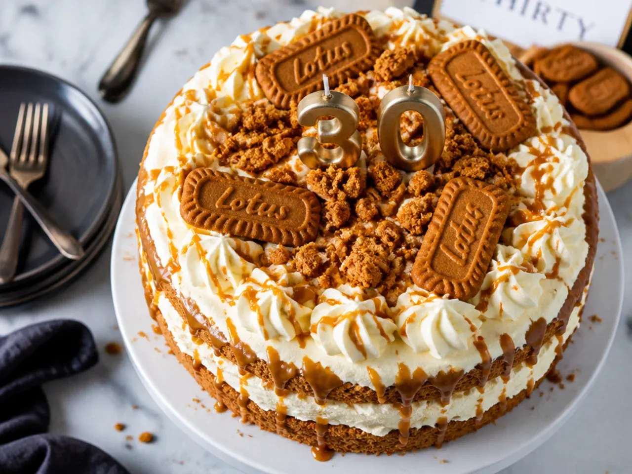 Layered Biscoff cake topped with whole biscuits and drizzled with biscuit spread