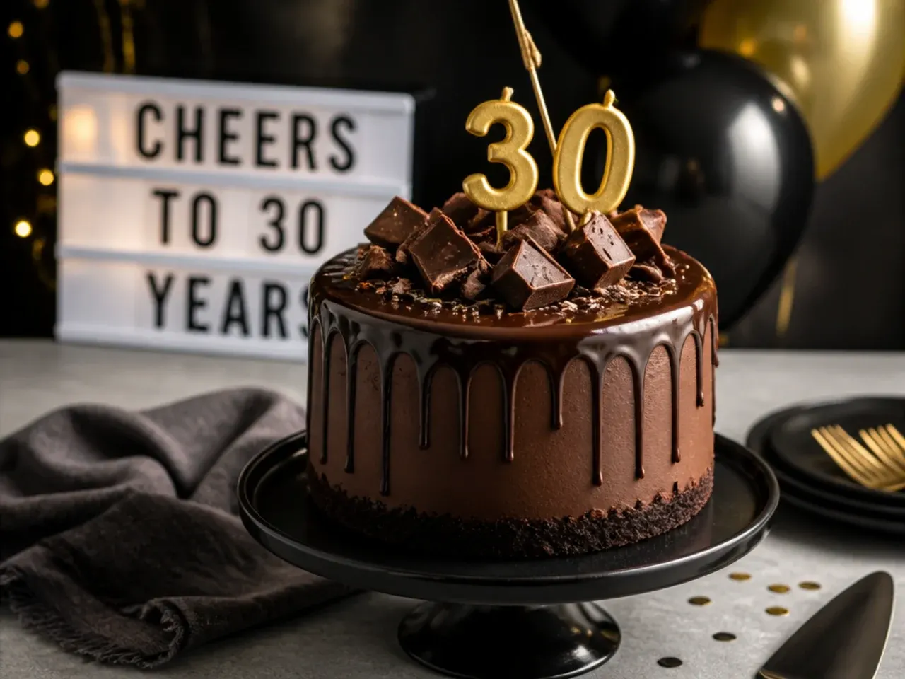 Rich triple chocolate cake with glossy ganache and chocolate shavings on top