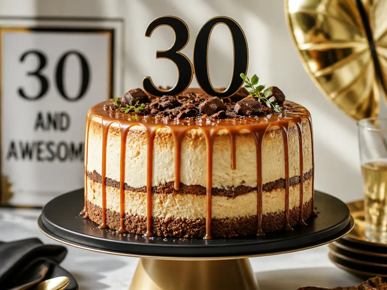 Cross-section of a layer cake showing a pale baked cheesecake layer between chocolate sponge