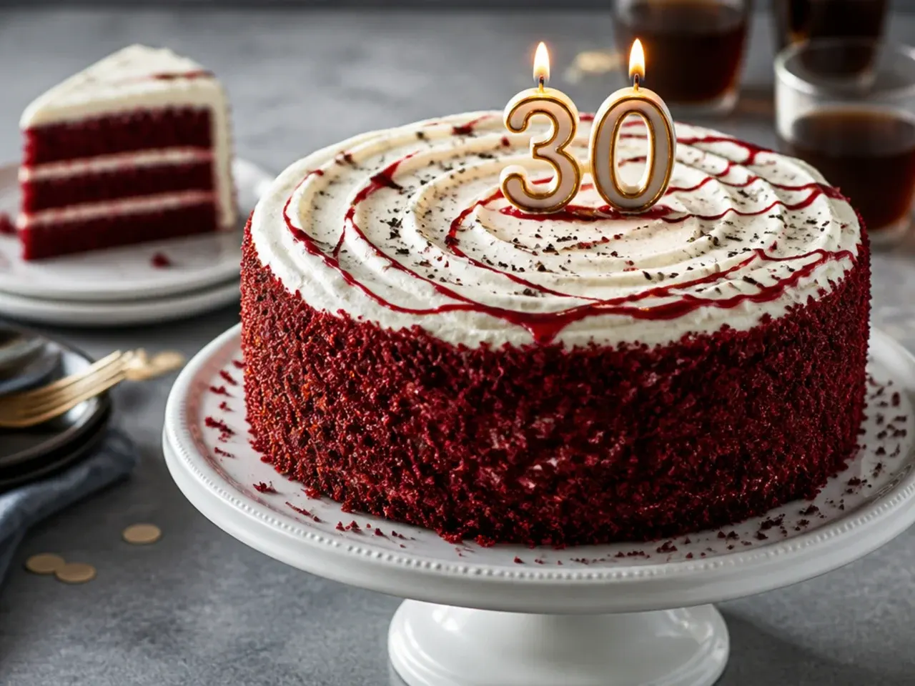 Sliced red velvet cake showing bright red sponge and white cream cheese frosting