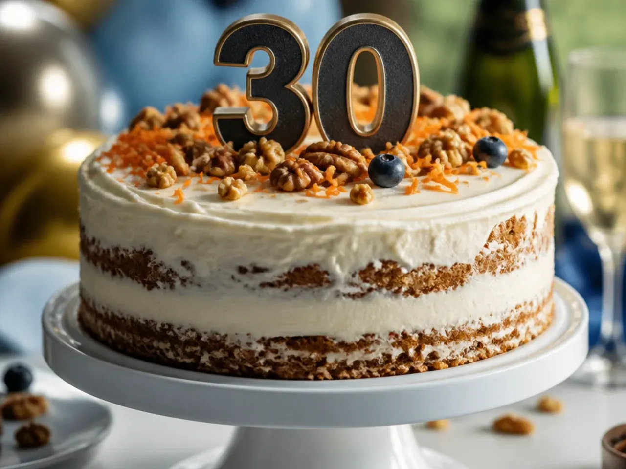 Spiced carrot cake with cream cheese frosting and chopped walnuts on top