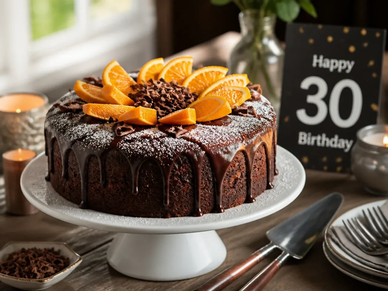 Chocolate orange cake topped with candied orange slices and zest