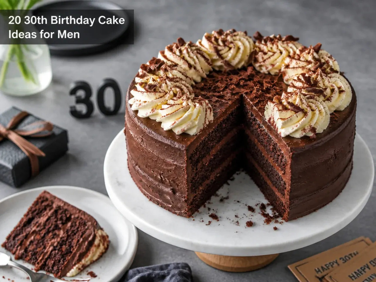 Two-layer chocolate cake with a simple poured ganache finish, ready to serve