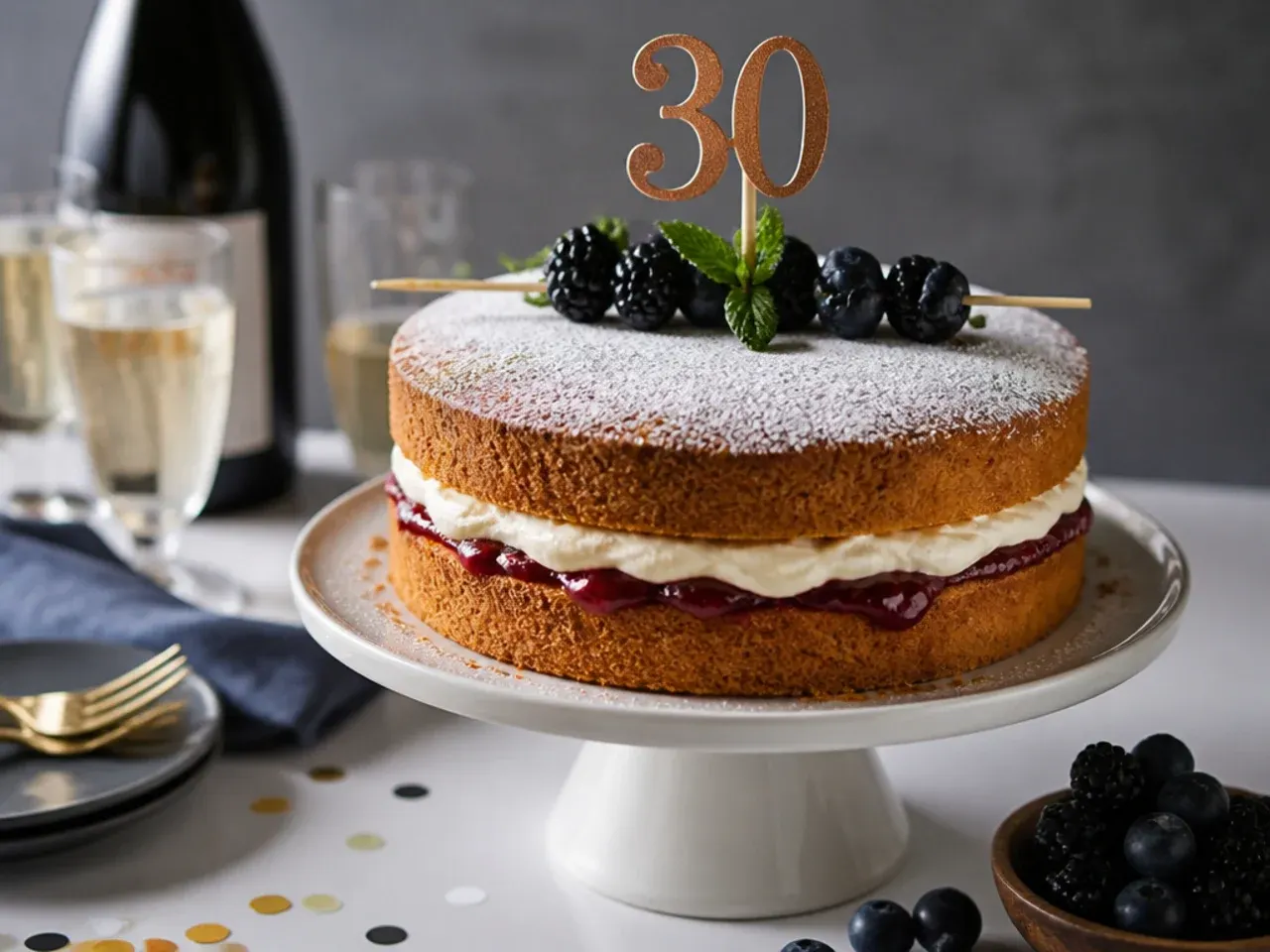 Classic Victoria sponge cake dusted with sugar, filled with jam and cream