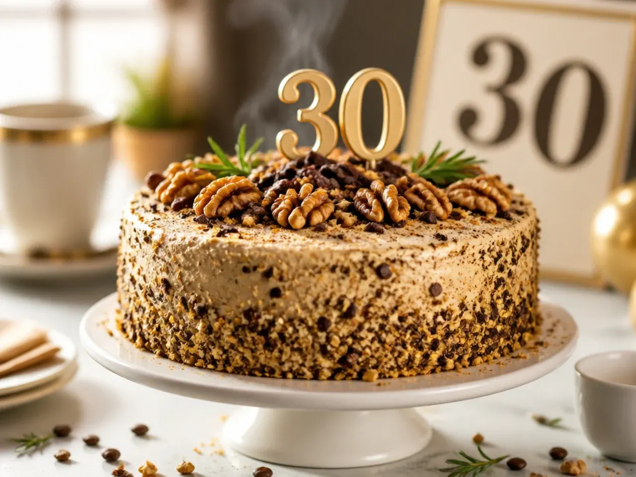 Coffee and walnut layer cake with walnut halves arranged around the top edge