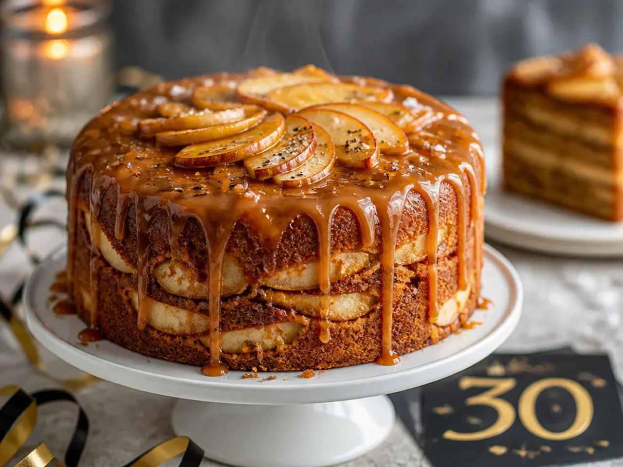 Spiced apple cake with salted caramel glaze dripping down the sides