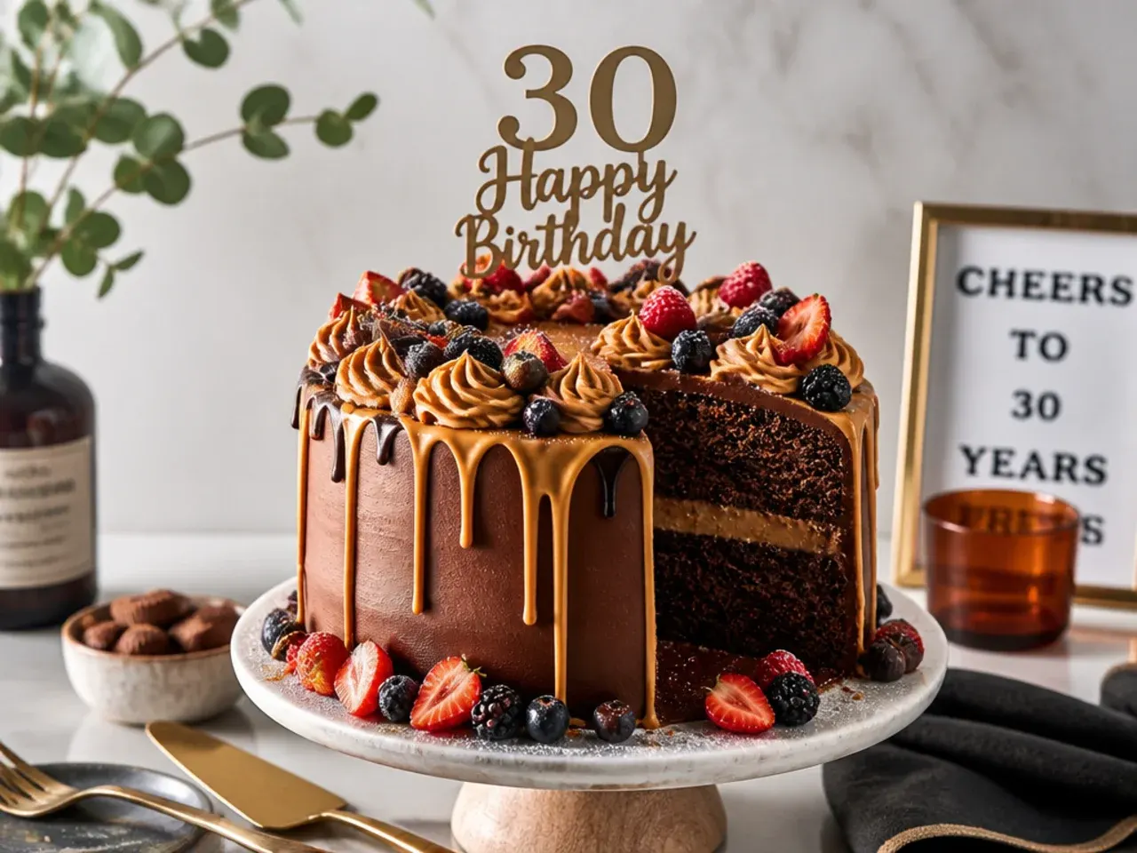 Chocolate cake frosted with peanut butter buttercream and chopped peanuts around the base