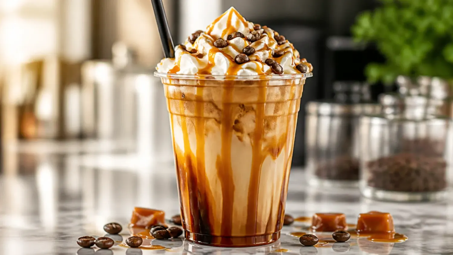 Iced caramel coffee drink in a tall glass with caramel drizzle and whipped cream, styled next to caramel syrup bottle