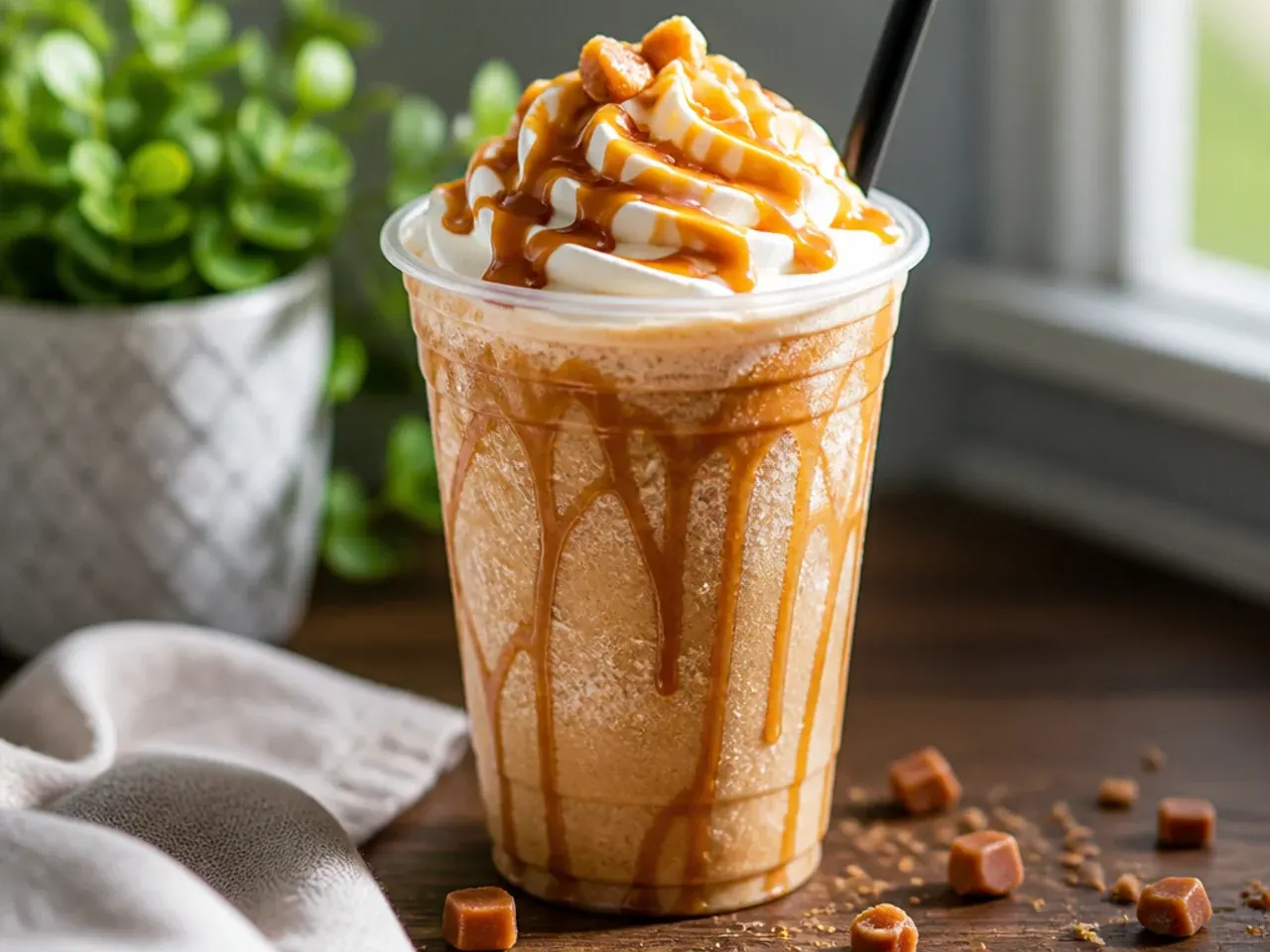 Flat lay of caramel syrup, espresso, milk and ice on a kitchen counter for making copycat 7 Brew drinks