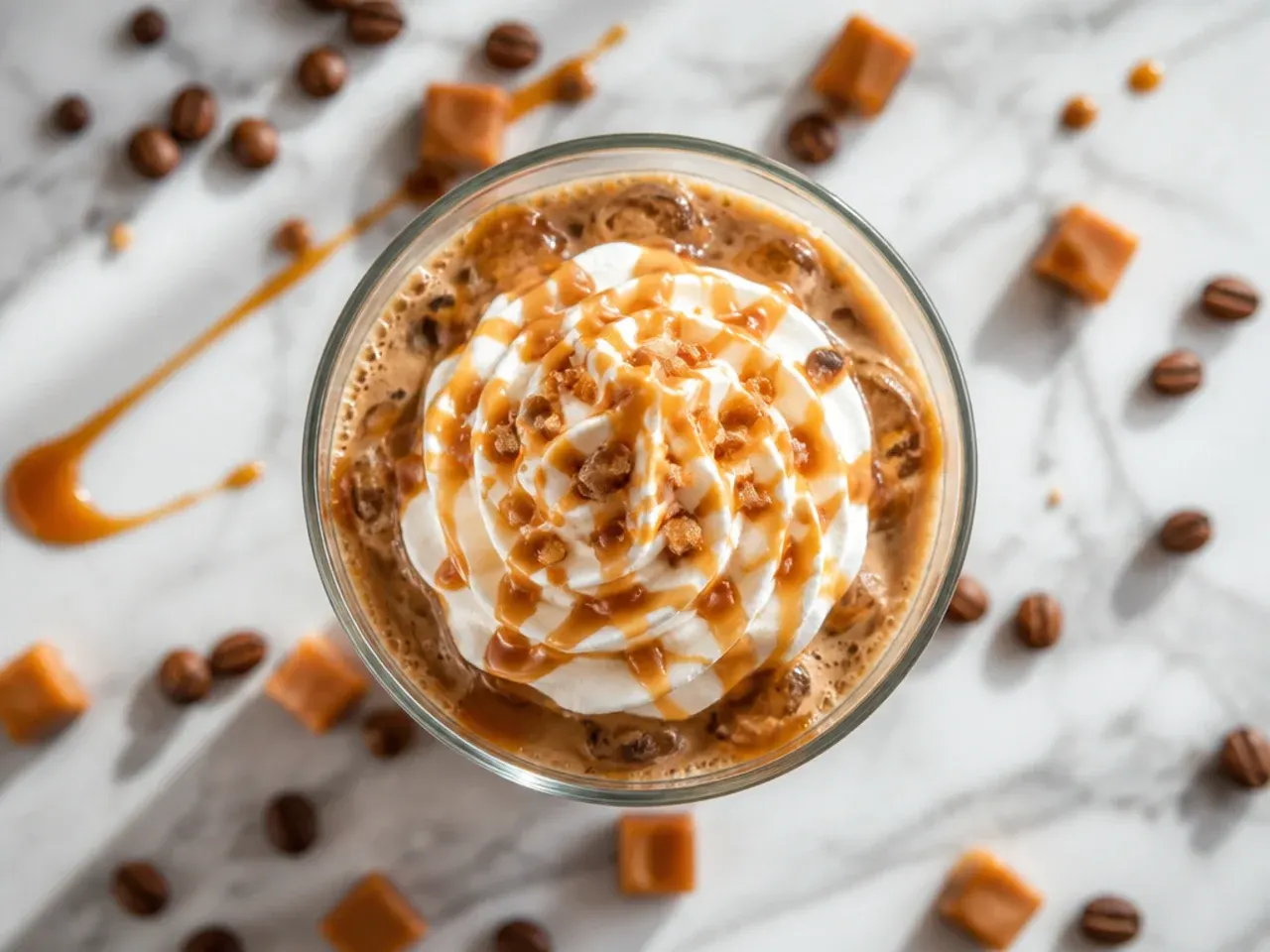Iced caramel cold brew coffee layered with cream in a clear glass over ice