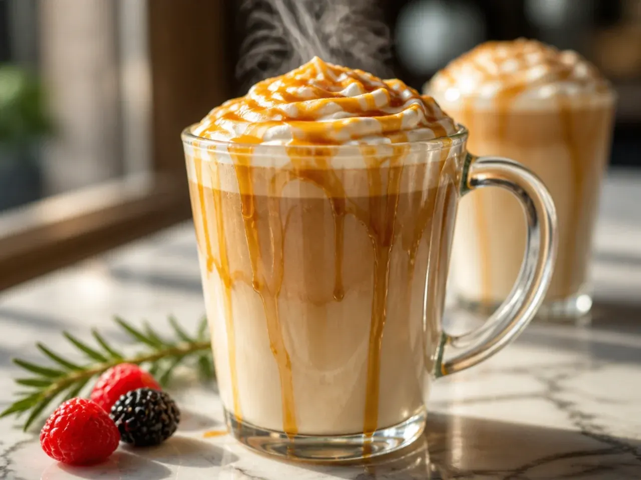 Hot caramel latte with steamed milk foam and caramel drizzle in a white mug