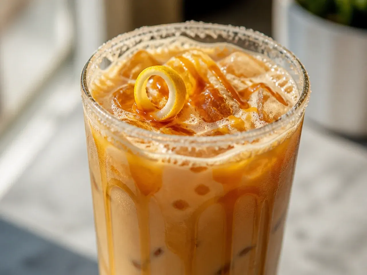 Creamy white chocolate caramel breve latte copycat in a glass mug