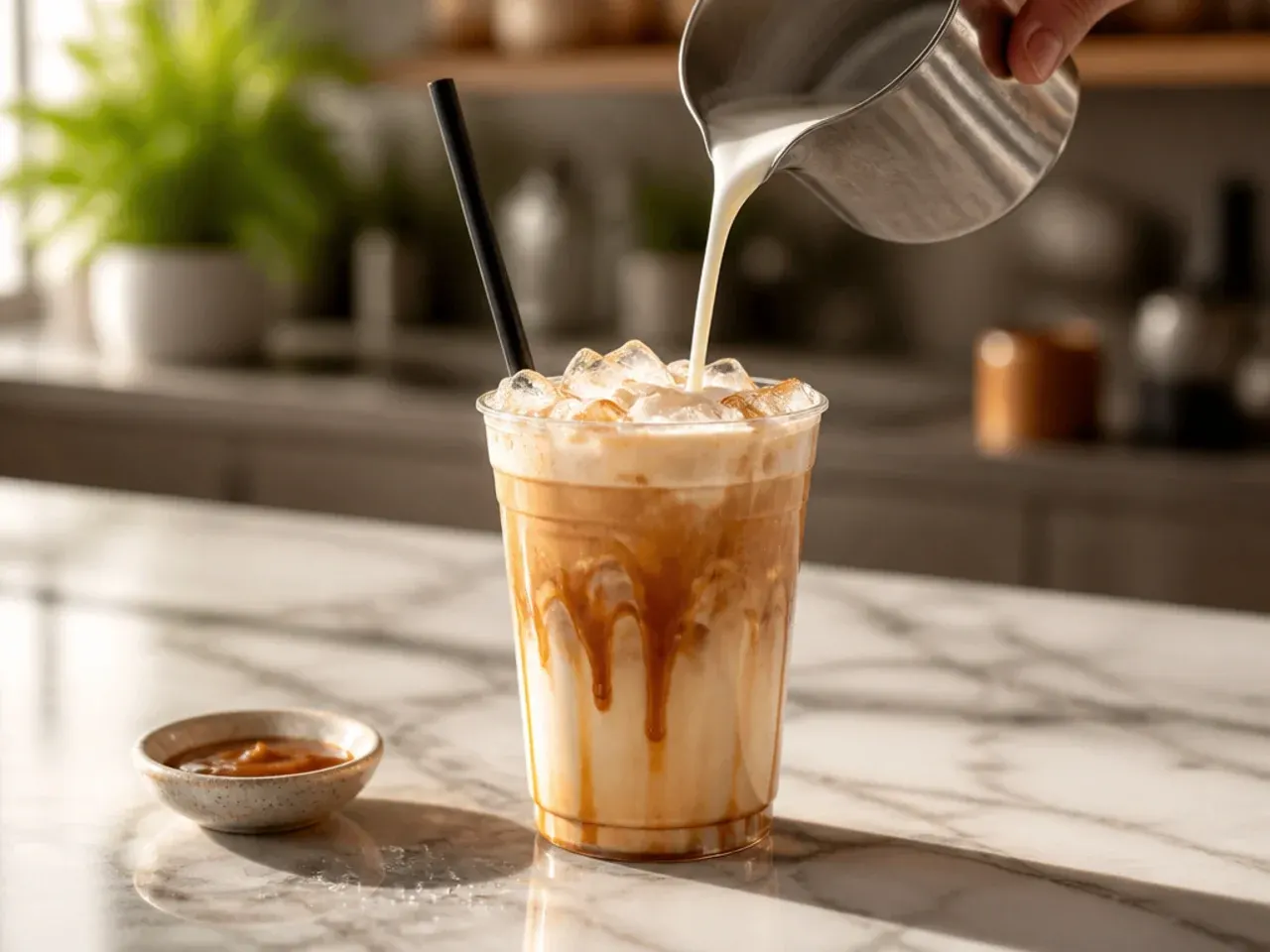 Salted caramel sweet cream being poured over iced coffee creating a layered effect