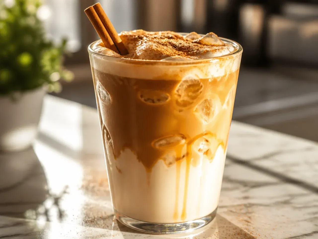 Iced caramel coffee topped with light frothy cold foam in a tall glass