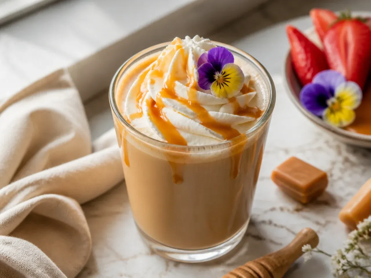 Cozy caramel milk steamer topped with whipped cream and caramel drizzle in a mug