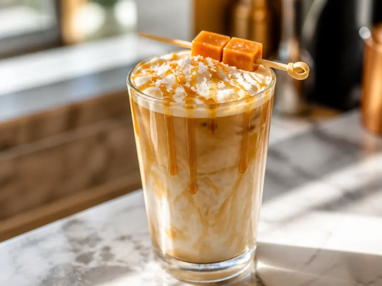Sweet and salty caramel latte with white chocolate drizzle and flaky salt on top
