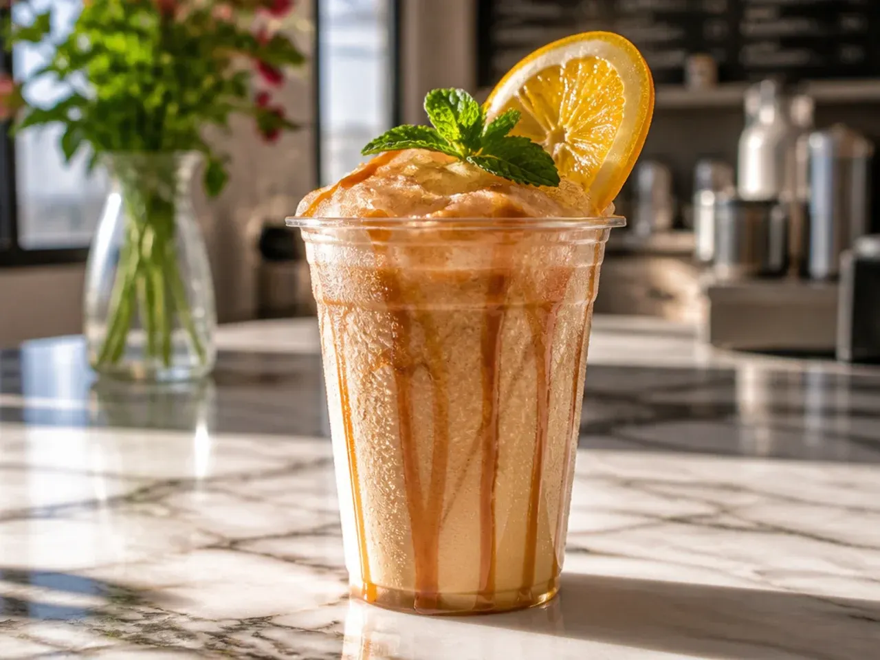 Thick frozen caramel milkshake in a glass with caramel drizzle swirled inside