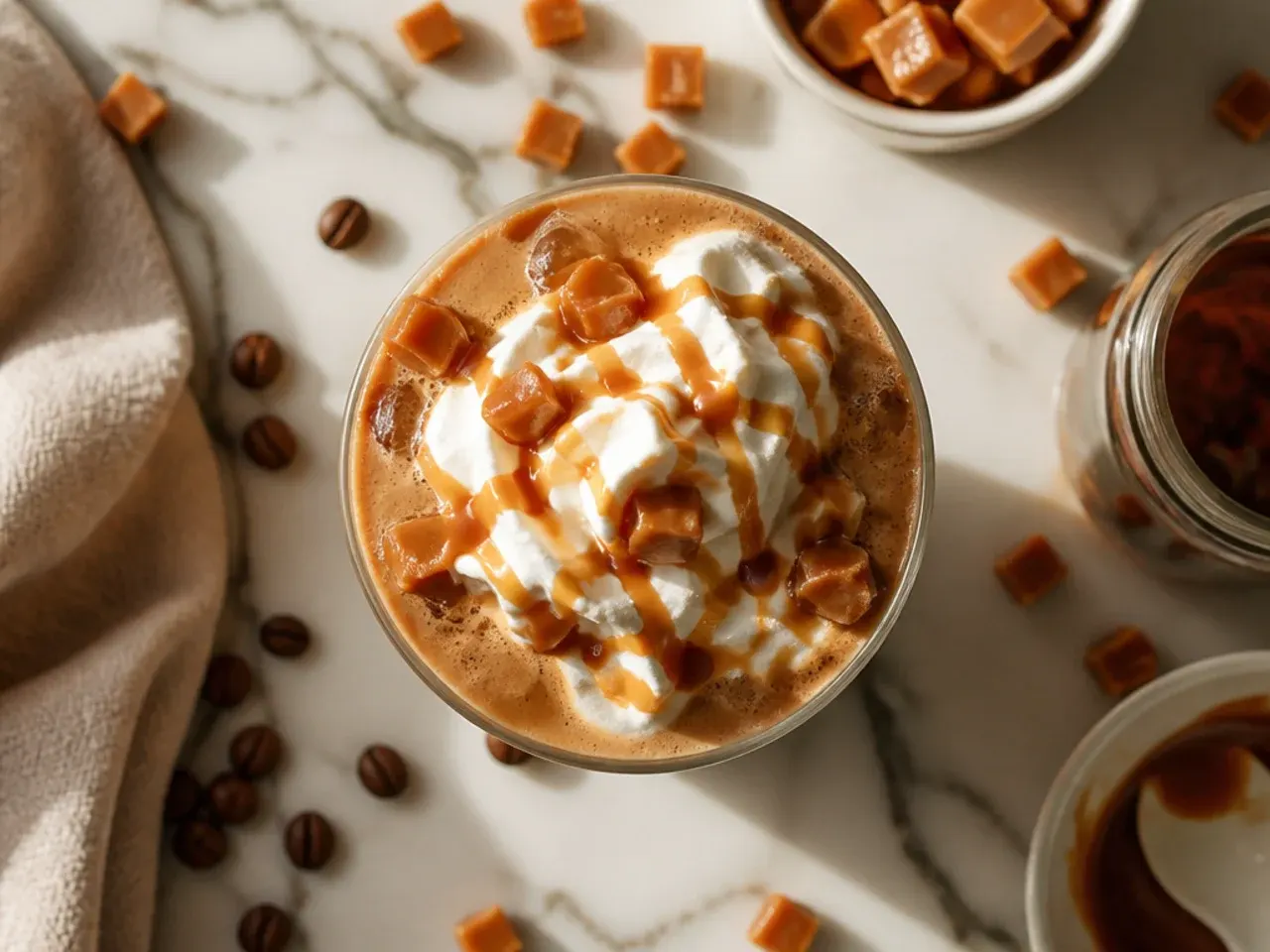 Simple three-ingredient caramel coffee being stirred in a glass mug