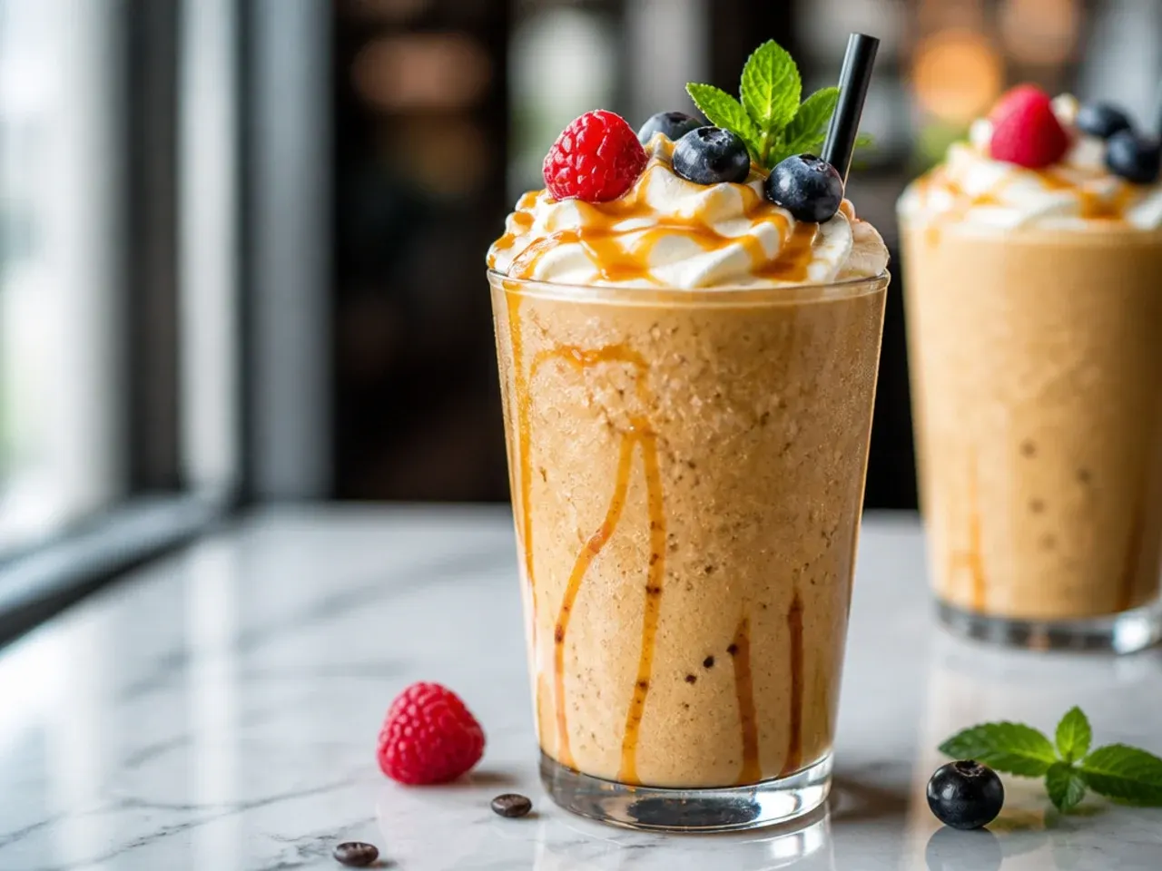 Blended caramel coffee smoothie with a slushy texture in a plastic cup with a straw