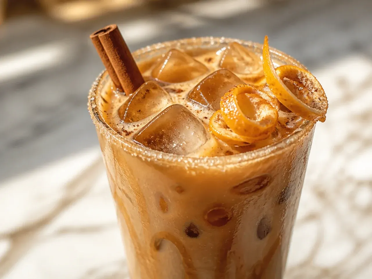 Spiced caramel chai latte with cinnamon dusting in a ceramic mug