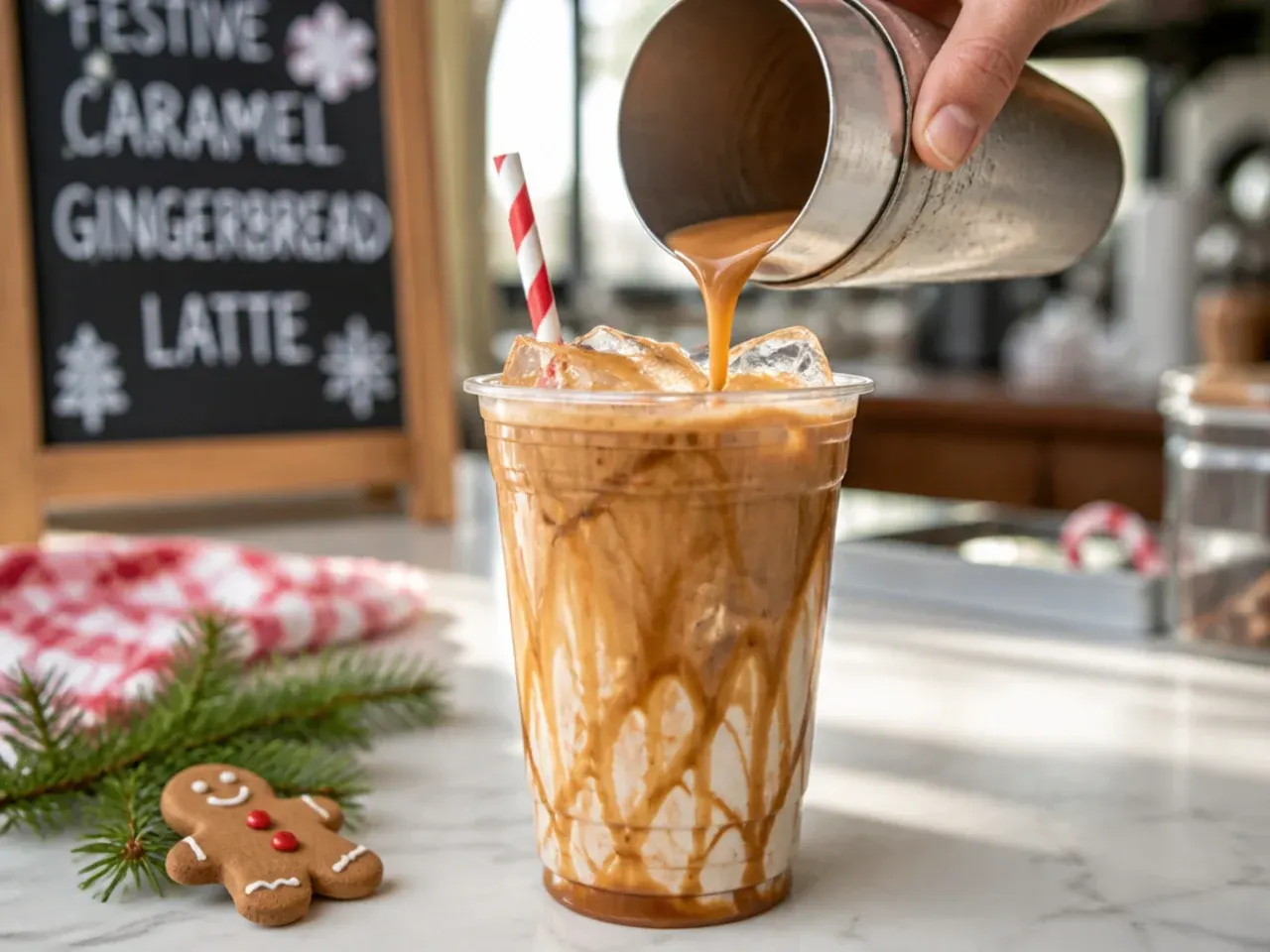 Festive gingerbread caramel latte topped with whipped cream and cinnamon in a mug