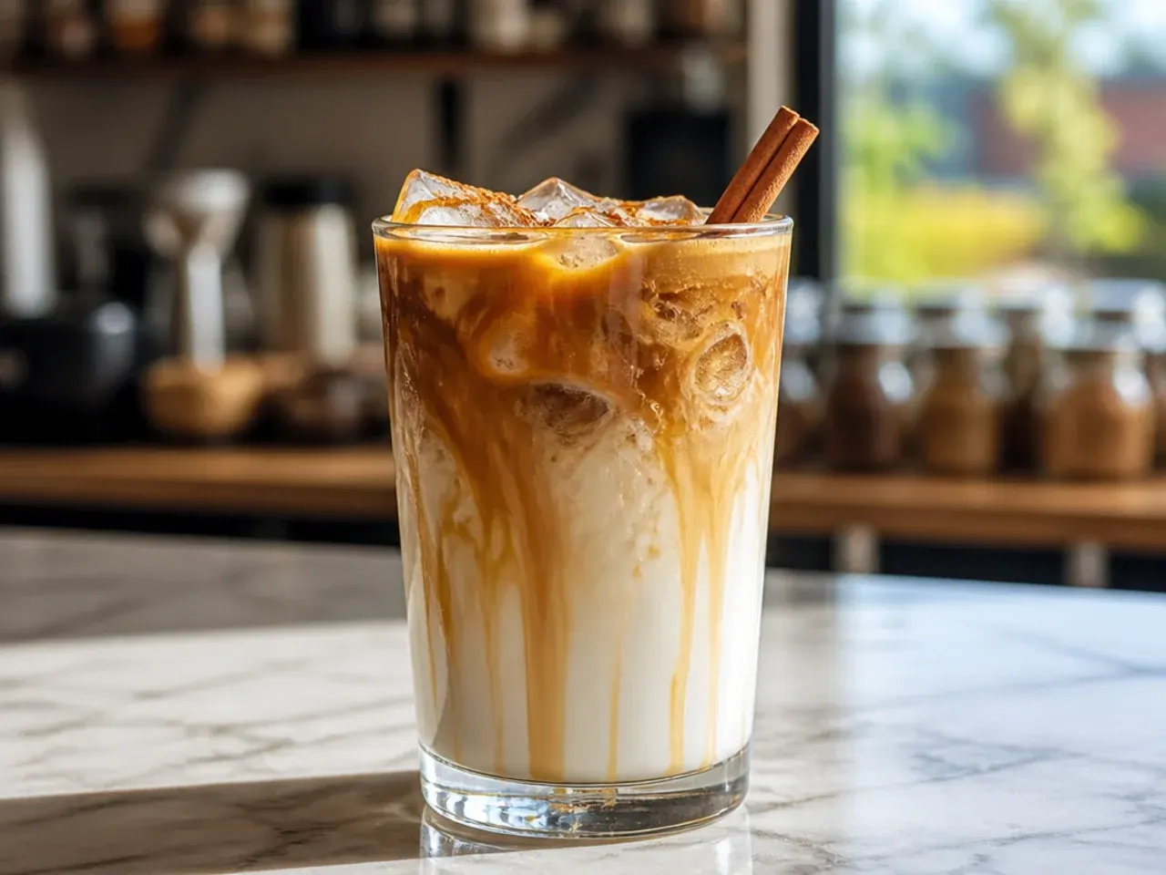 Layered caramel macchiato with visible espresso and milk layers and caramel drizzle on top