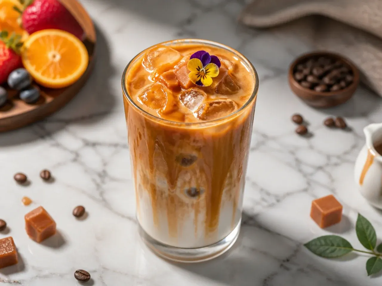 Bold double-shot caramel espresso drink with minimal milk in a small glass