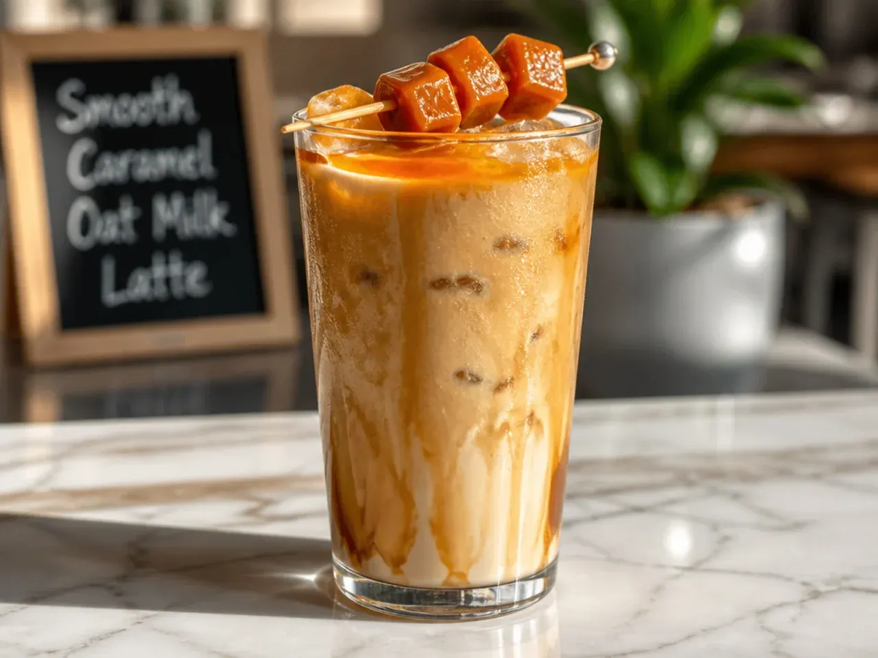 Smooth caramel oat milk latte with latte art in a ceramic cup
